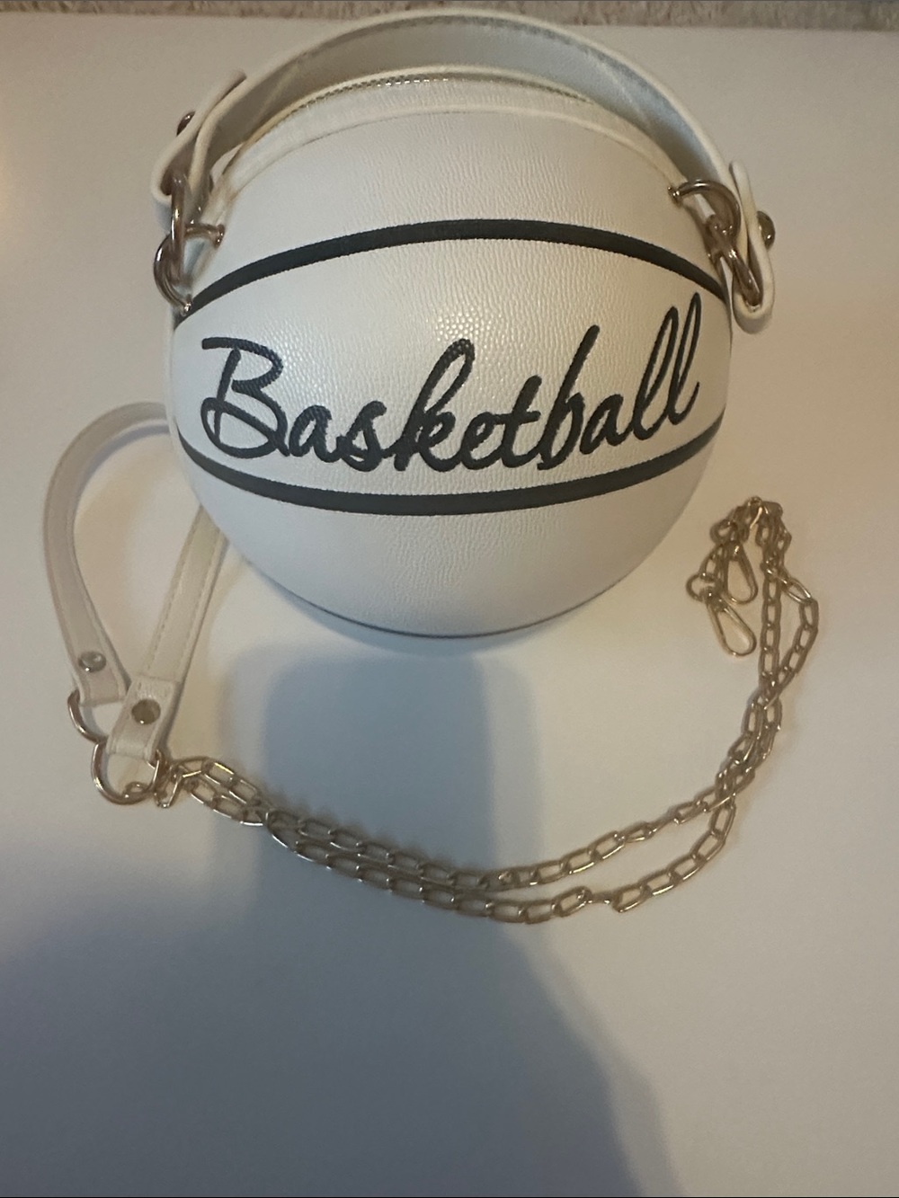 White Black Basketball Handbag Crossbody Ball Round Bag Golden Strap Cute Purse